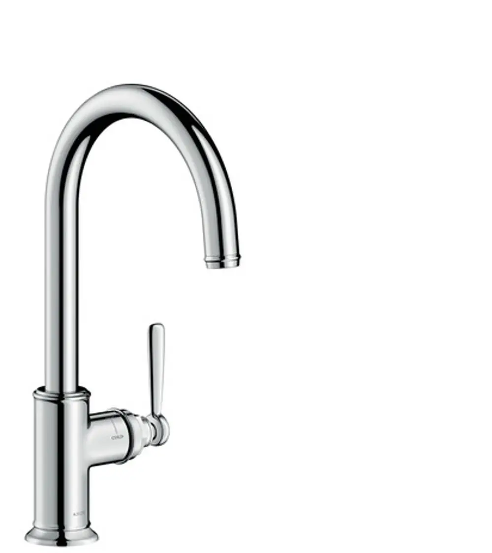 Spültischmischer von AXOR mit einem hohen, geschwungenen Auslauf und einem seitlichen Hebel zum Regulieren von Wasserfluss und Temperatur, in chromfarbener Optik.